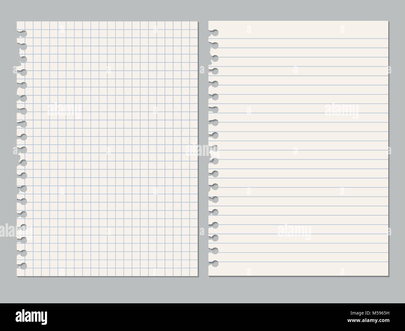 Set di vettore illustrazioni realistiche di un foglio strappato di carta da una cartella di lavoro con ombre, isolata su uno sfondo grigio Illustrazione Vettoriale