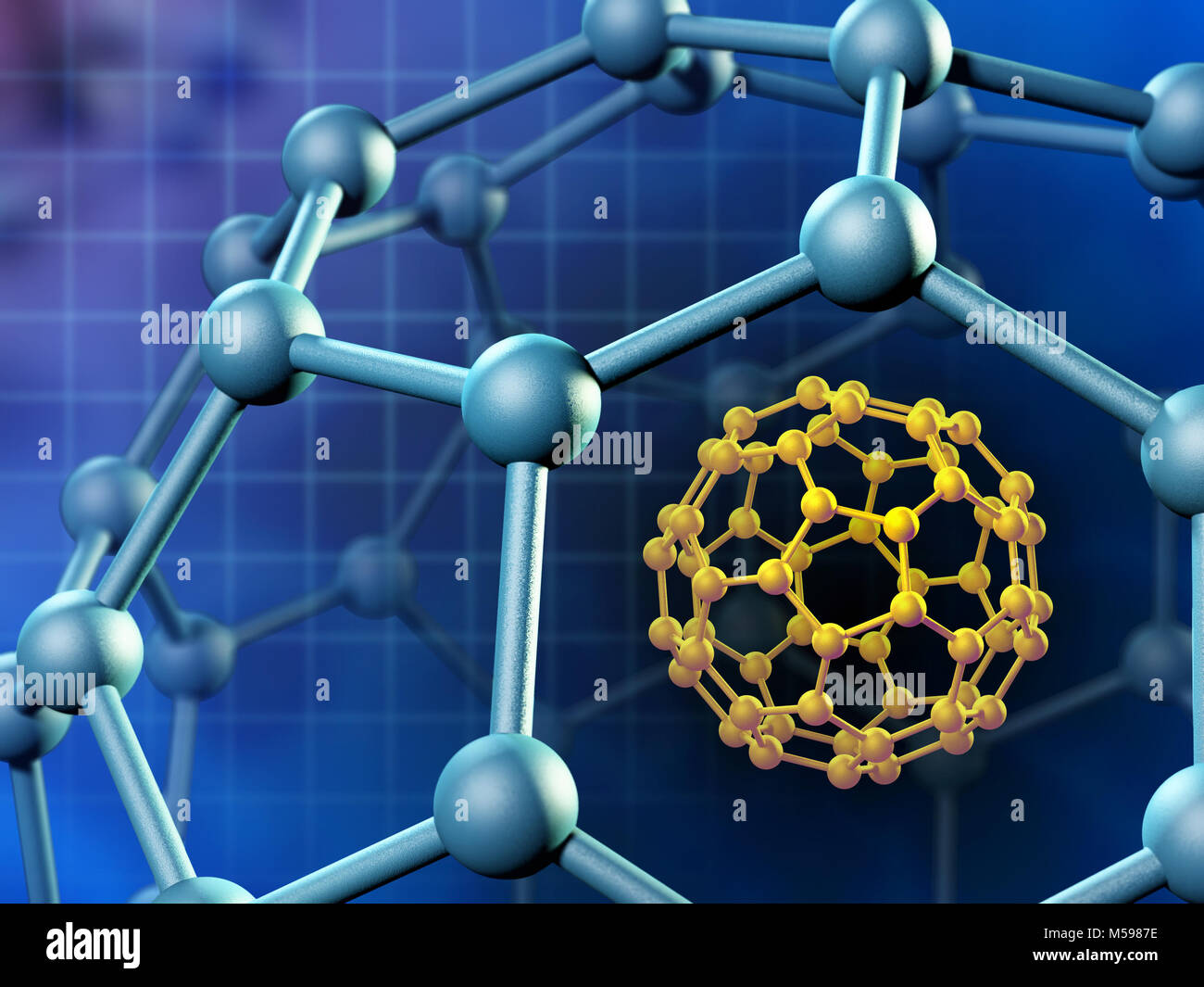Sferiche di molecola di fullerene. 3D'illustrazione. Foto Stock
