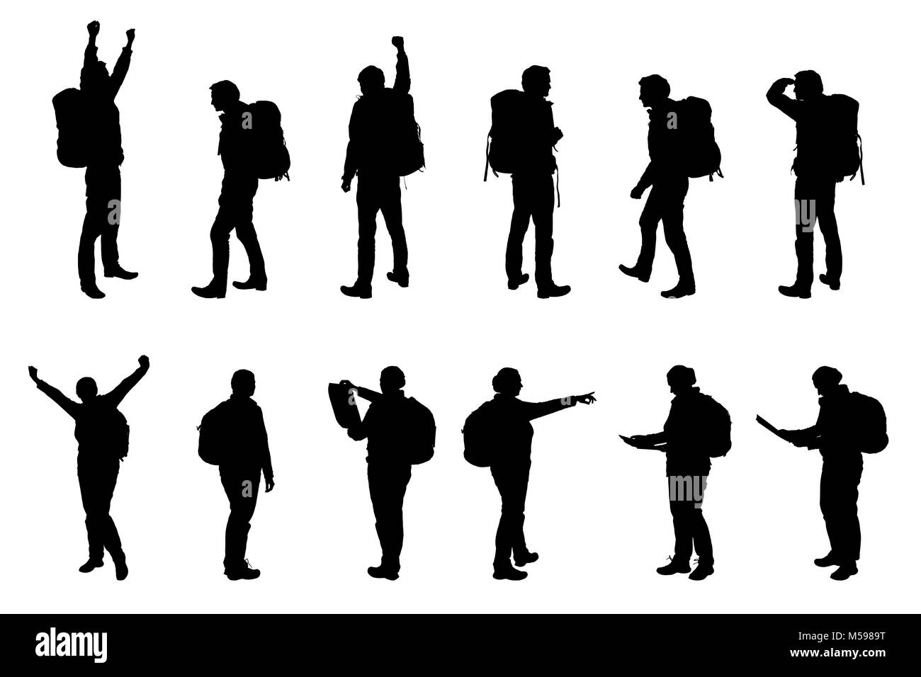 Impostare il vettore sagome realistiche turisti - uomo e donna, con zaini Illustrazione Vettoriale