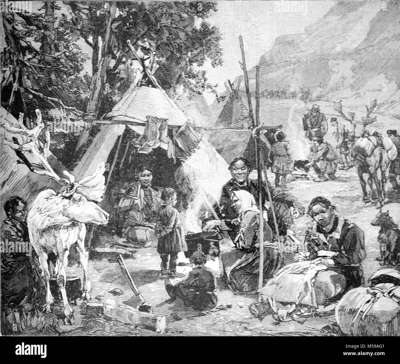Nomadi o Semi-Nomadic nativo o popolazioni indigene, Yakut o Yakuts, all accampamento con le renne, Siberia, Russia (incisione, 1889) Foto Stock