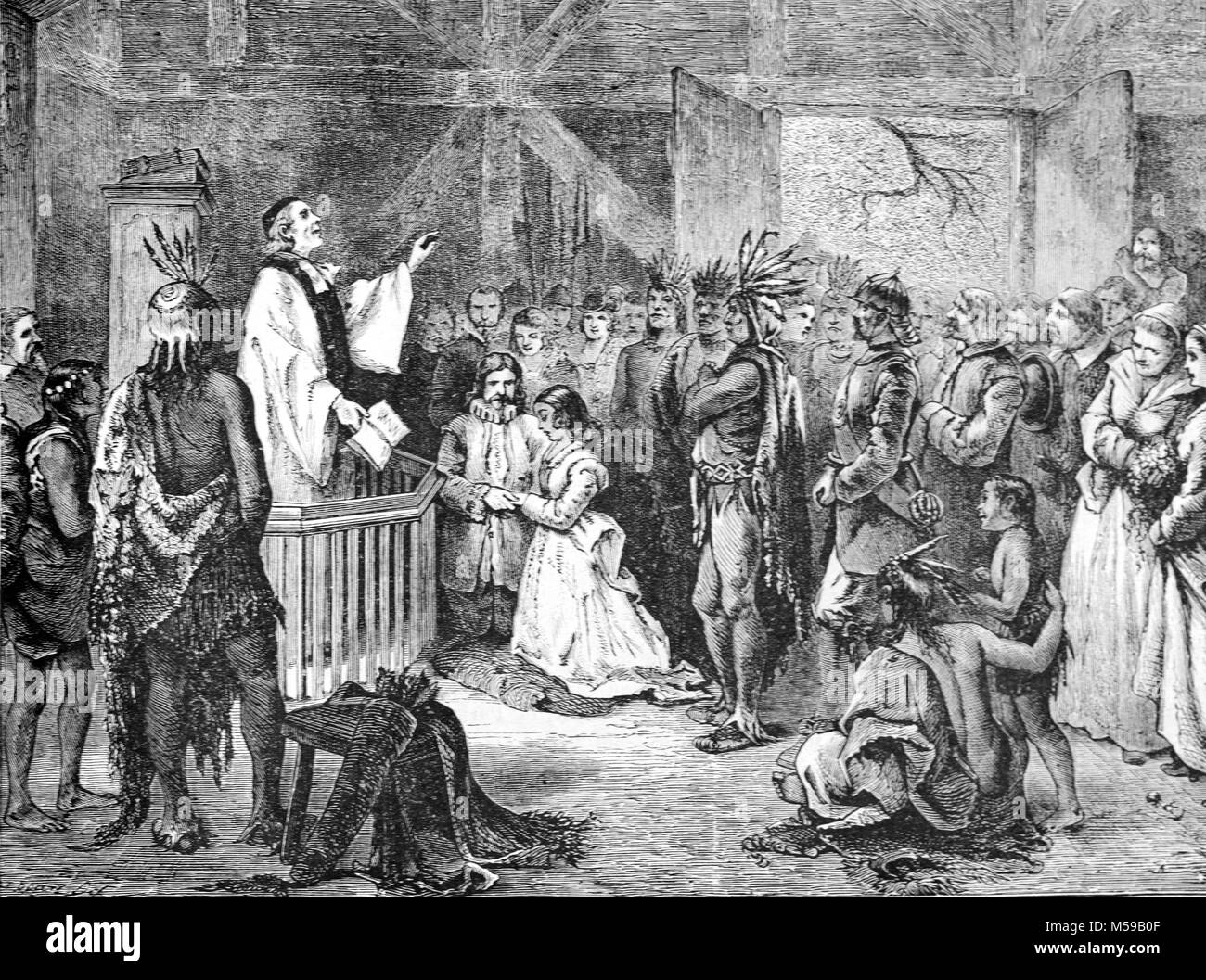 Il matrimonio o un matrimonio di Pocahontas (c1596-1617), di John Rolfe, in aprile 1614, dal Cappellano Richard Buck a Jamestown, Virginia, Stati Uniti (incisione, 1889) Foto Stock
