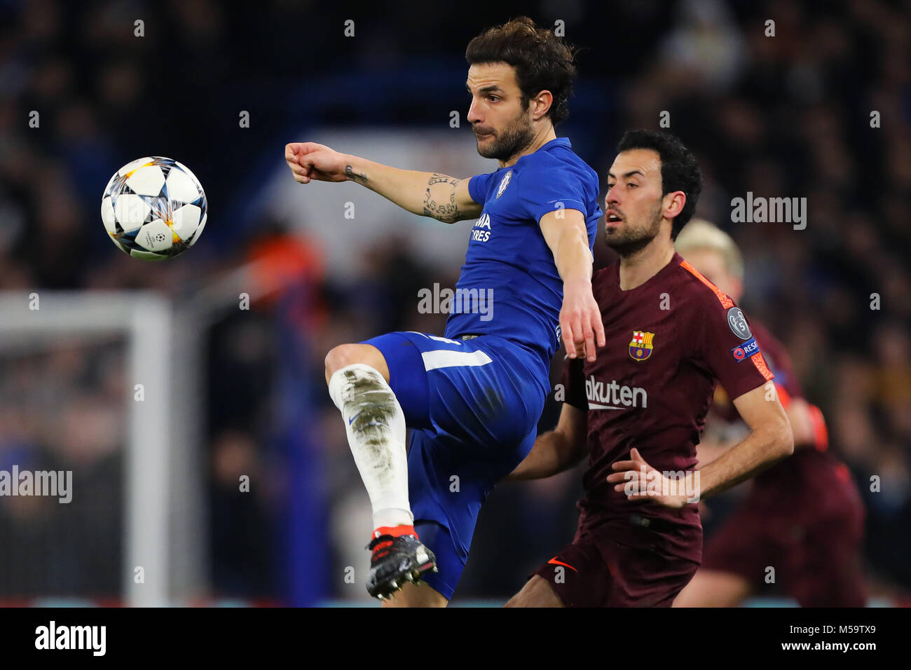 Londra, Regno Unito. Xx Febbraio, 2018. Cesc Fabregas di Chelsea cancella la palla da Sergio Busquets di Barcellona - Chelsea v Barcellona, la UEFA Champions League, Round di 16, 1° Gamba, Stamford Bridge, London - xx febbraio 2018. Credito: Richard Calver/Alamy Live News Foto Stock