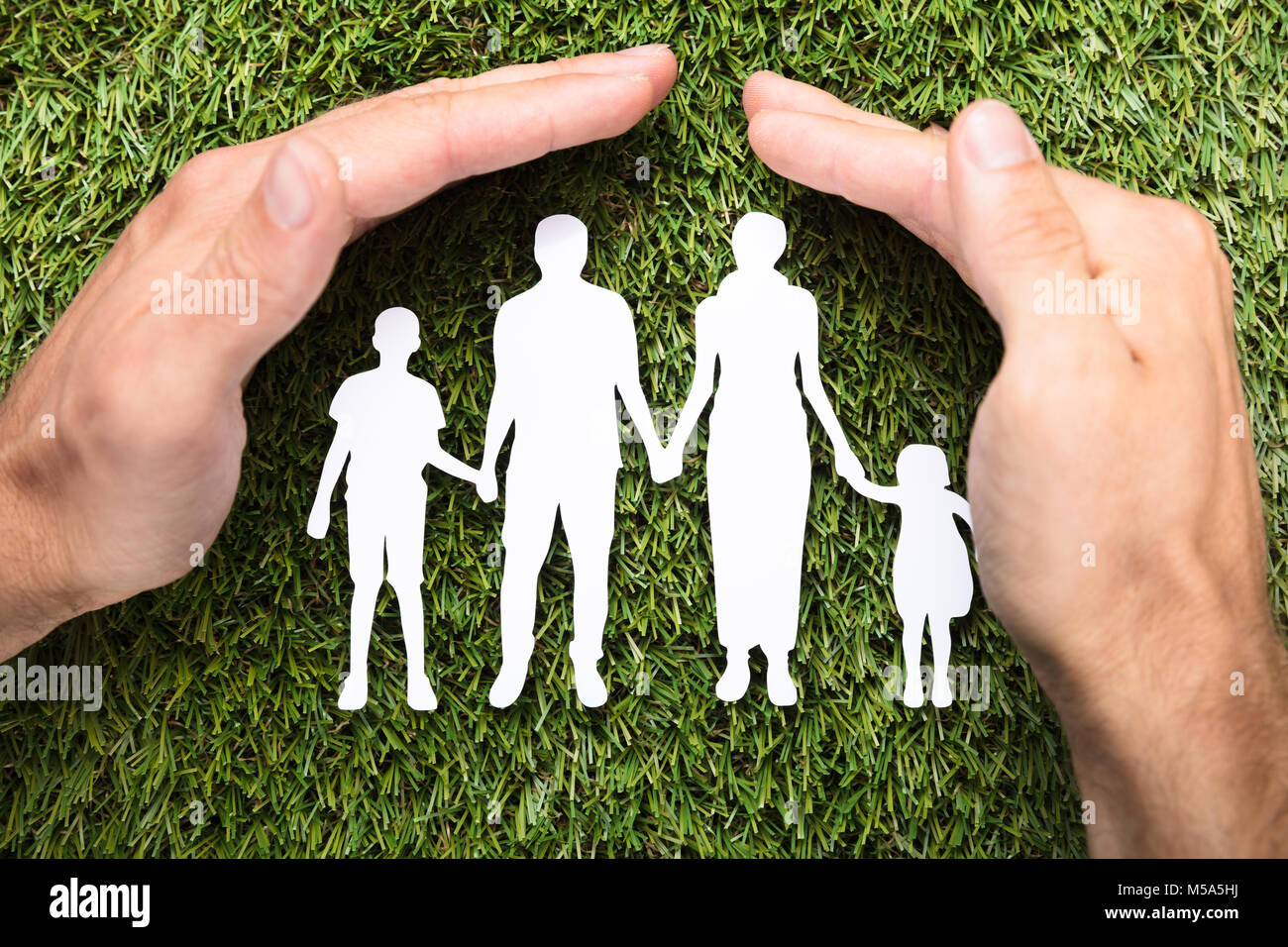 Direttamente sopra il colpo di imprenditore il mani che copre la carta famiglia sull'erba Foto Stock