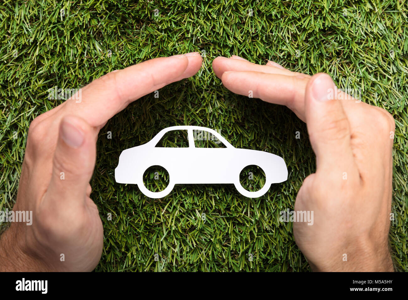 Direttamente sopra il colpo di imprenditore il mani di copertura auto carta sull'erba Foto Stock