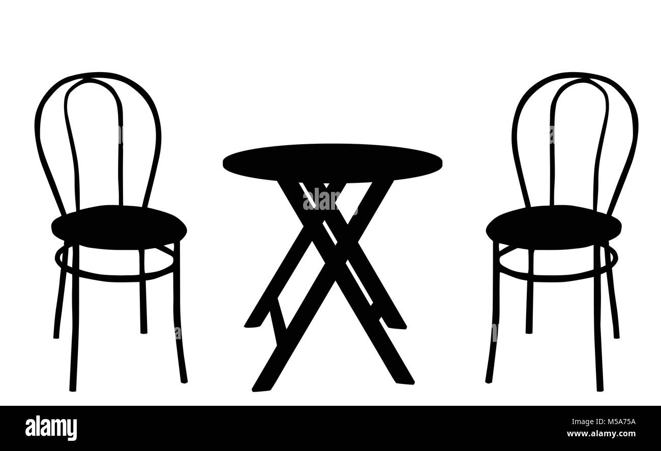 Due sedie vintage e rotondo tavolo di legno su sfondo bianco, illustrazione vettoriale Illustrazione Vettoriale