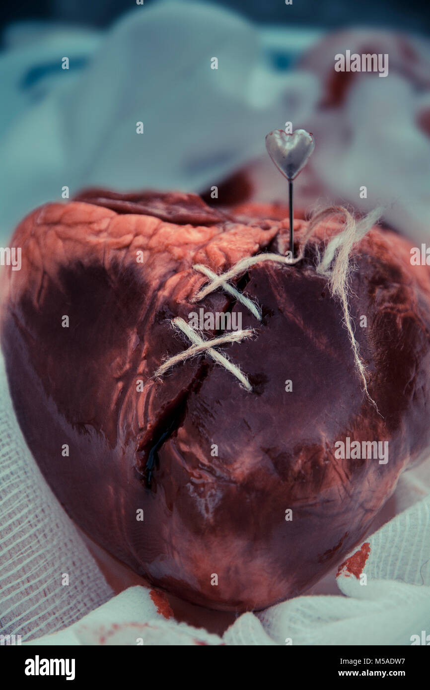 Un rammendo cuore spezzato - cucito Foto Stock