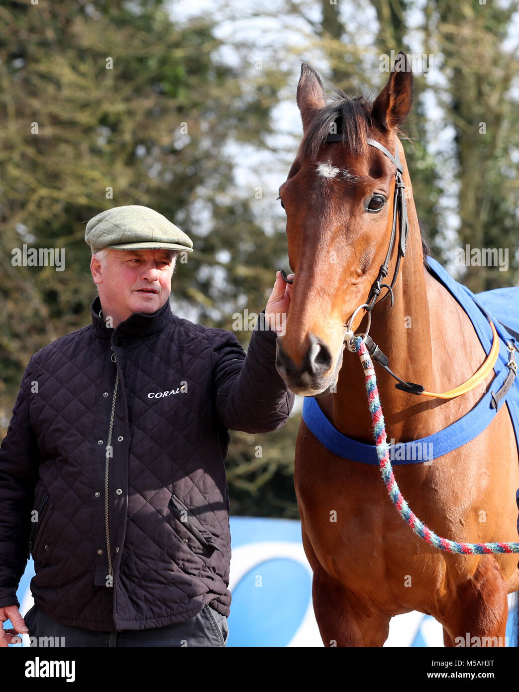 Trainer Colin Tizzard con Cue Card durante la visita di stabile a Colin Tizzard's yard a Milborne Port, Somerset. Foto Stock