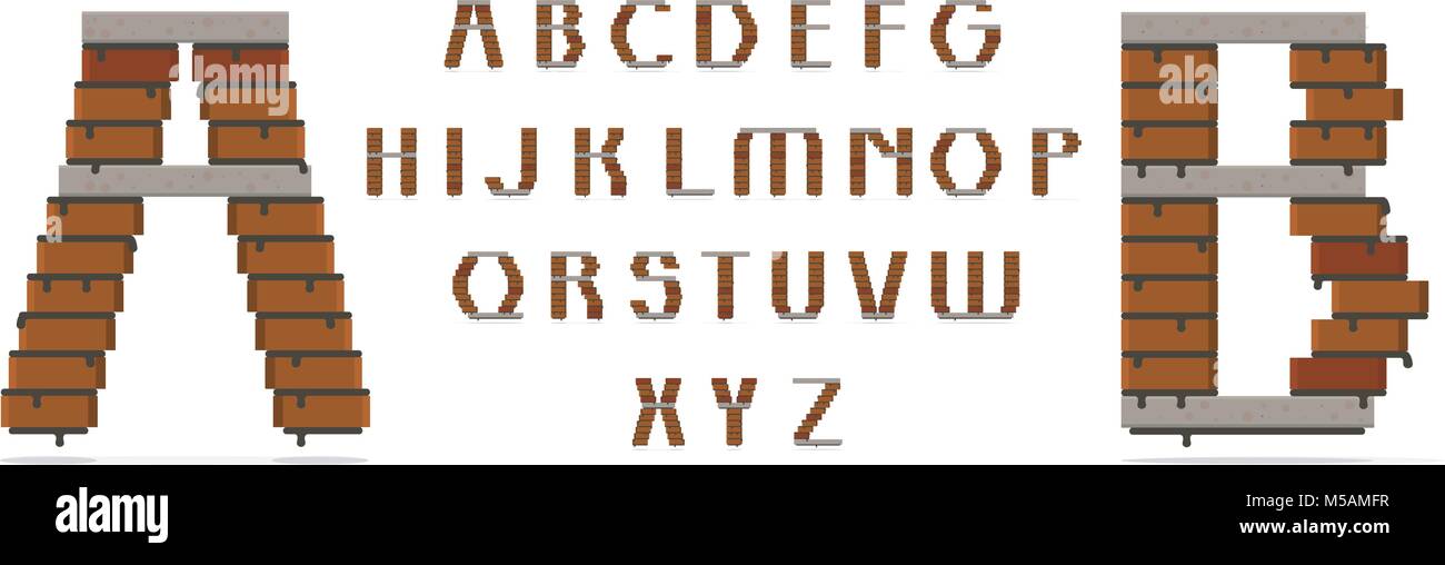 Tipo di carattere maiuscolo, mattoni e lastre in calcestruzzo. Adatto per la creazione di un tema. Singole lettere può anche essere usato come un logo della società di costruzioni. Illustrazione Vettoriale