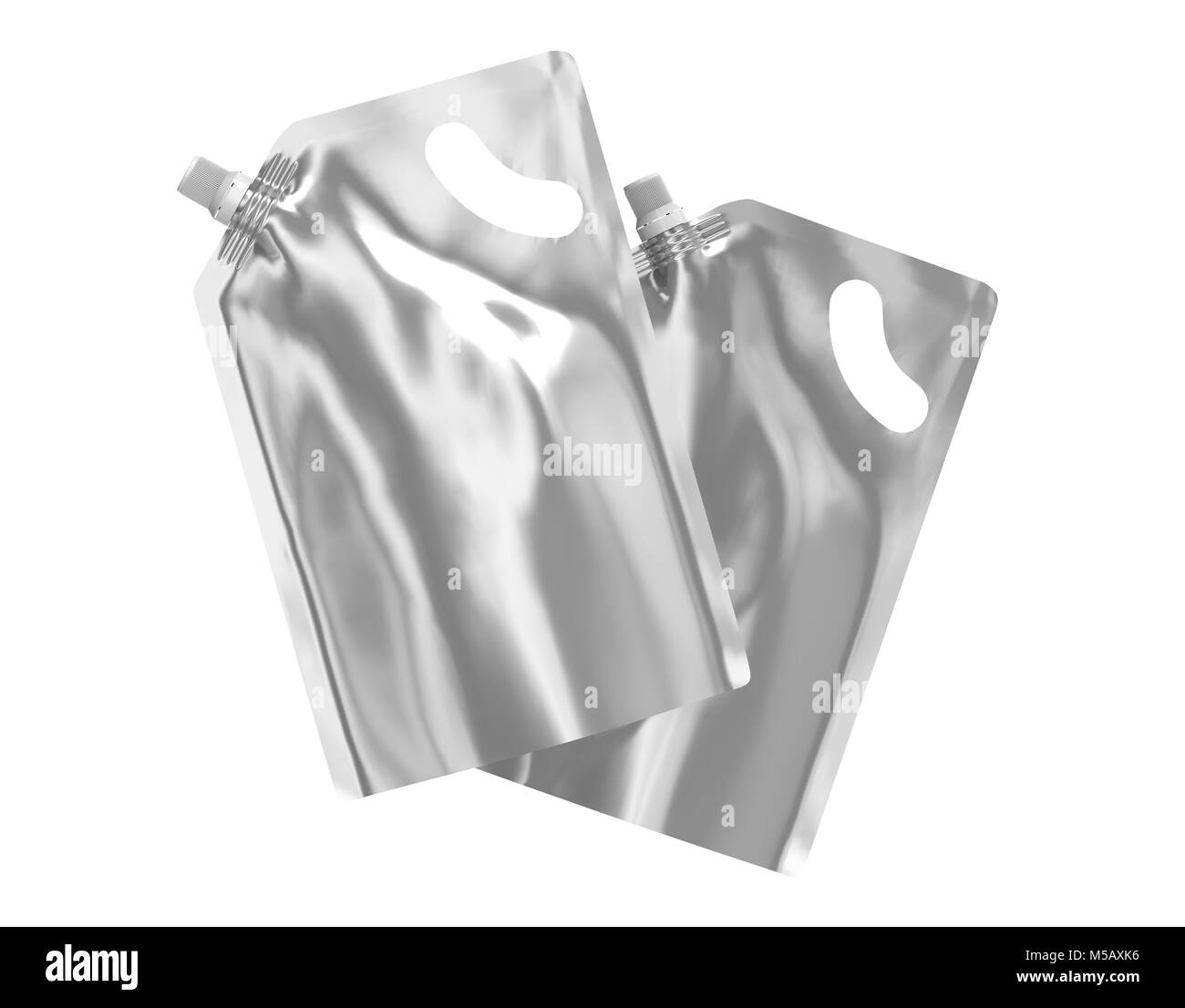 Detergente confezione di ricarica, 3d rendering argento stand-up sacchetto custodia mockup insieme con il cappuccio galleggianti in aria Foto Stock