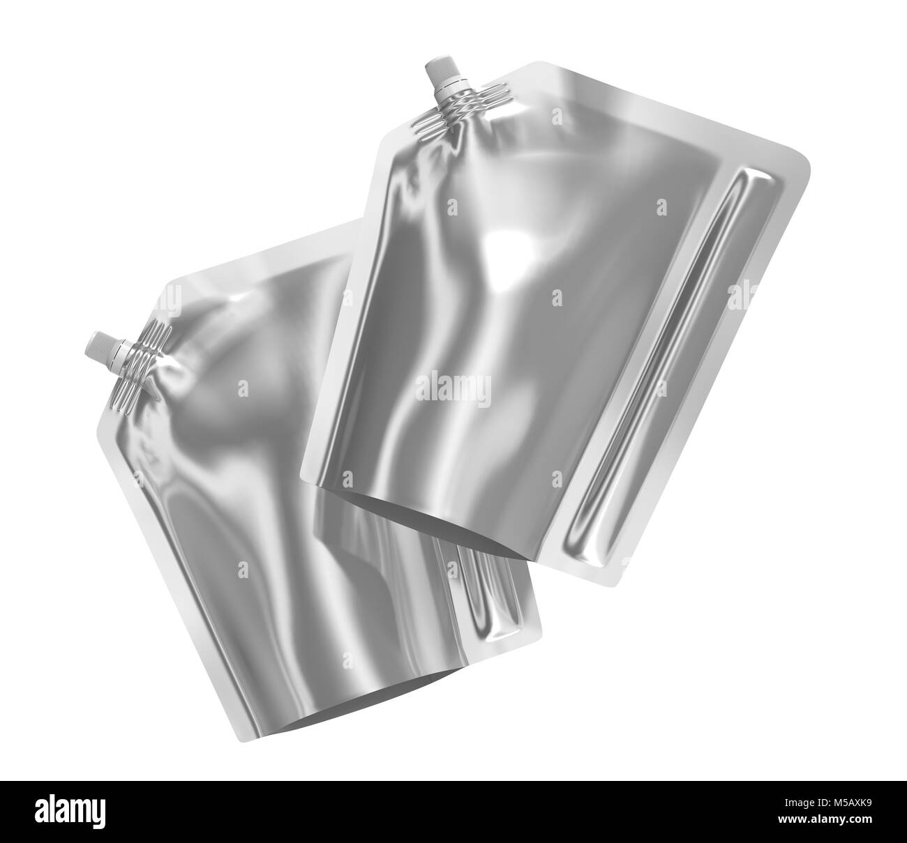 Detergente confezione di ricarica, 3d rendering argento stand-up sacchetto custodia mockup insieme con il cappuccio galleggianti in aria Foto Stock