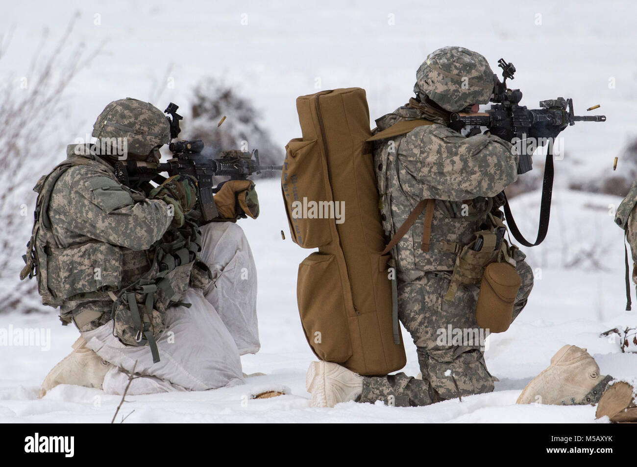 I soldati assegnati a società di caricabatterie, 1° Battaglione, quinto reggimento di fanteria, 1° Stryker Brigade Combat Team, XXV divisione di fanteria, U.S. Esercito di Alaska, fornire incendio soppressivo durante il funzionamento conca a base comune Elmendorf-Richardson, Alaska, il 10 febbraio, 2018. Funzionamento Conca è stato un battaglione-livello, bracci combinato, live-esercizio di incendio che si è concentrato sulla letalità artico. Durante il funzionamento di tre 150-soldato aziende manovrato attraverso vari terreni; attaccando e cogliendo le posizioni nemiche nonché eliminando le principali armi e veicoli essendo utilizzati dal nemico. (U.S. Air Force Foto Stock