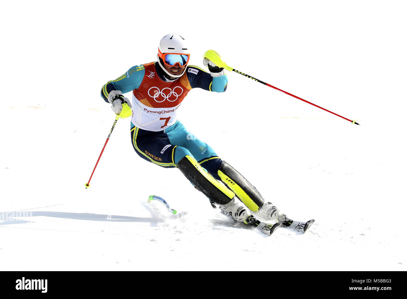 Pyeongchang, Corea del Sud. Il 22 febbraio, 2018. Andre Myhrer di Svezia compete nel corso di slalom speciale maschile di sci alpino a 2018 PyeongChang Giochi Olimpici Invernali a Yongpyong Alpine Center, PyeongChang, Corea del Sud, 22 febbraio, 2018. Andre Myhrer ha vinto la medaglia d'oro in un tempo di 1:38.99 in totale. Credito: Bai Xuefei/Xinhua/Alamy Live News Foto Stock