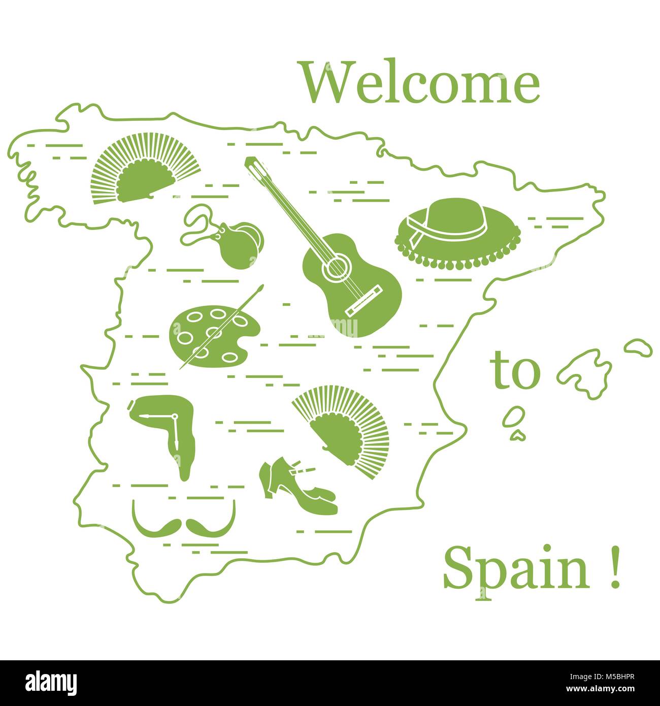 Illustrazione Vettoriale con vari simboli di Spagna disposti in un cerchio. Viaggi e tempo libero. Design per banner, poster o di stampa. Illustrazione Vettoriale