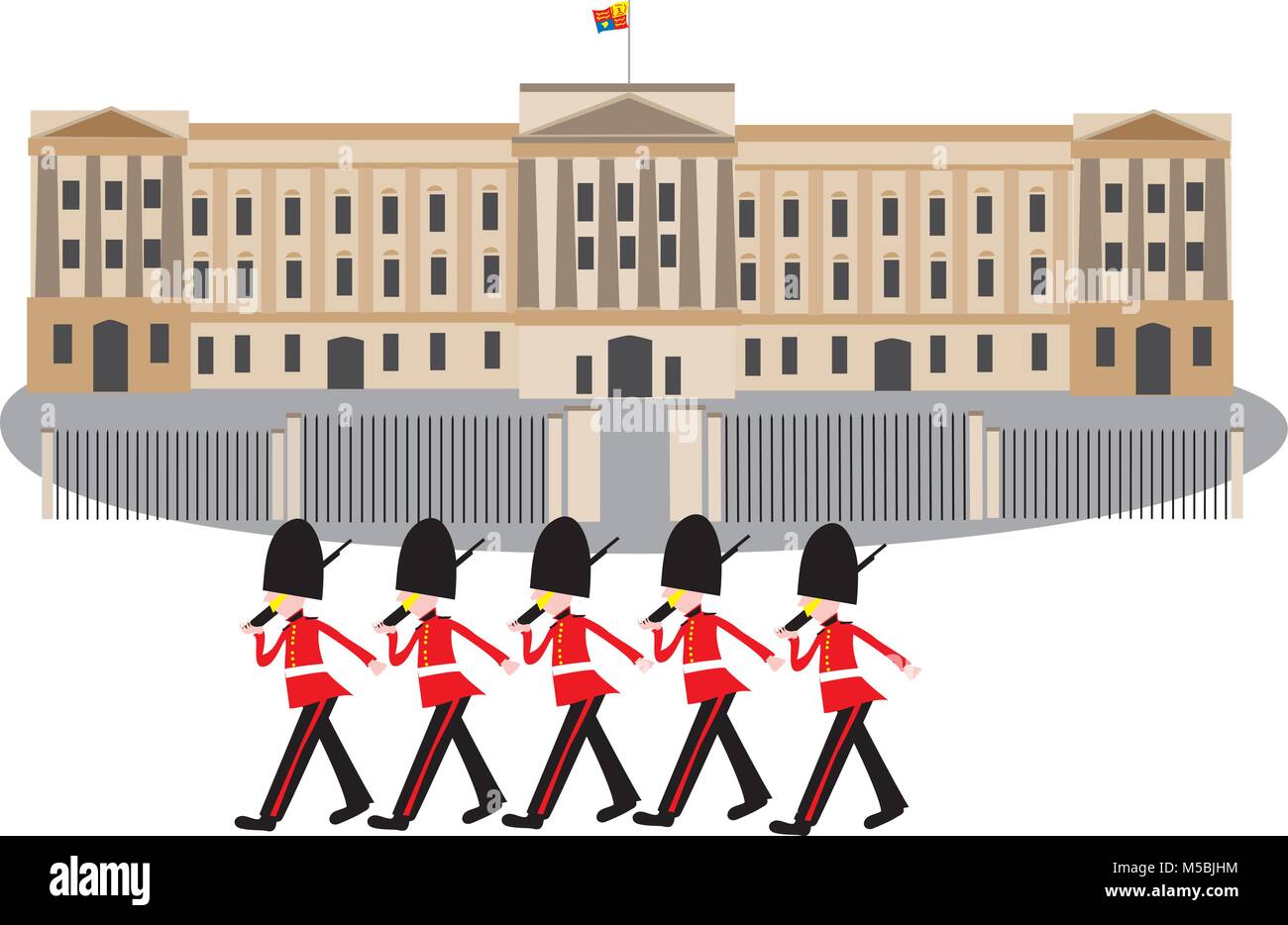 Un cartoon Buckingham Palace con le protezioni in bearskin hats marciare davanti alle porte Illustrazione Vettoriale