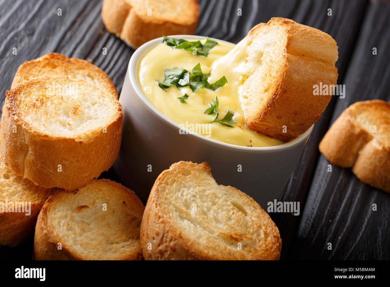 Formaggio salsa dip con pane tostato vicino sul tavolo orizzontale. Foto Stock