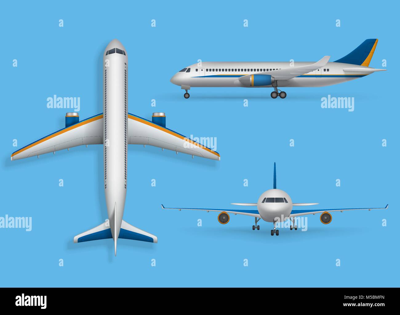 Realistico aereo passeggeri mock up, aereo di linea nella parte superiore, laterale Vista frontale. Aeromobili moderni volo isolato su sfondo blu. 3d il trasporto aereo design. Illustrazione Vettoriale Illustrazione Vettoriale