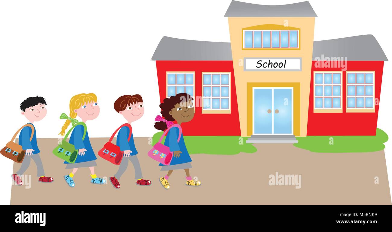 Si torna a scuola.Quattro cartoon bambini felici di andare a scuola a piedi Illustrazione Vettoriale