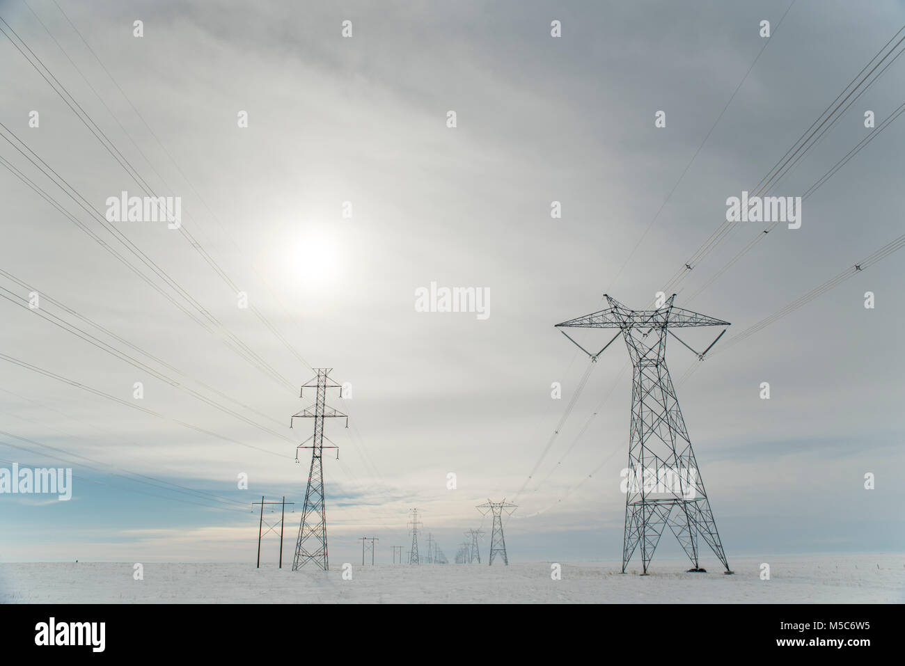 Alberta, Canada. Guardando verso il basso centro di a doppia fila di piloni di elettricità/torri di trasmissione in sun sulle praterie d'inverno. Foto Stock
