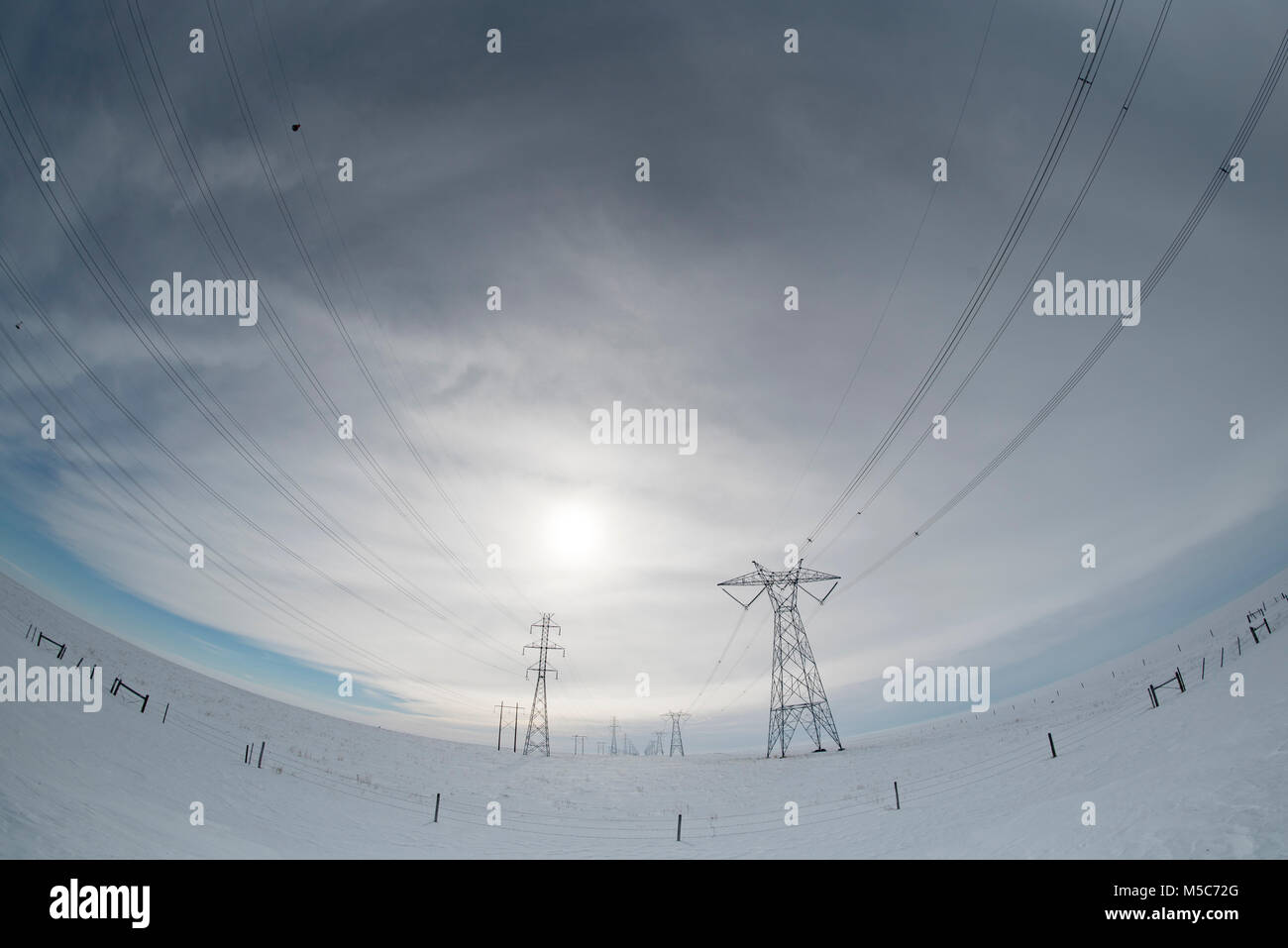 Alberta, Canada. Guardando verso il basso centro di a doppia fila di piloni di elettricità/torri di trasmissione in sun sulle praterie in inverno, fisheye prospettiva. Foto Stock