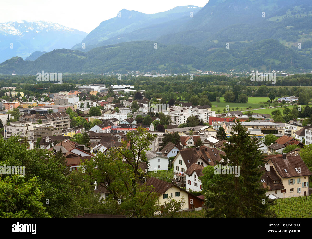 Vaduz, Liechtenstein vista dall'alto. Vaduz è la capitale del Liechtenstein e anche la sede del parlamento nazionale. Foto Stock