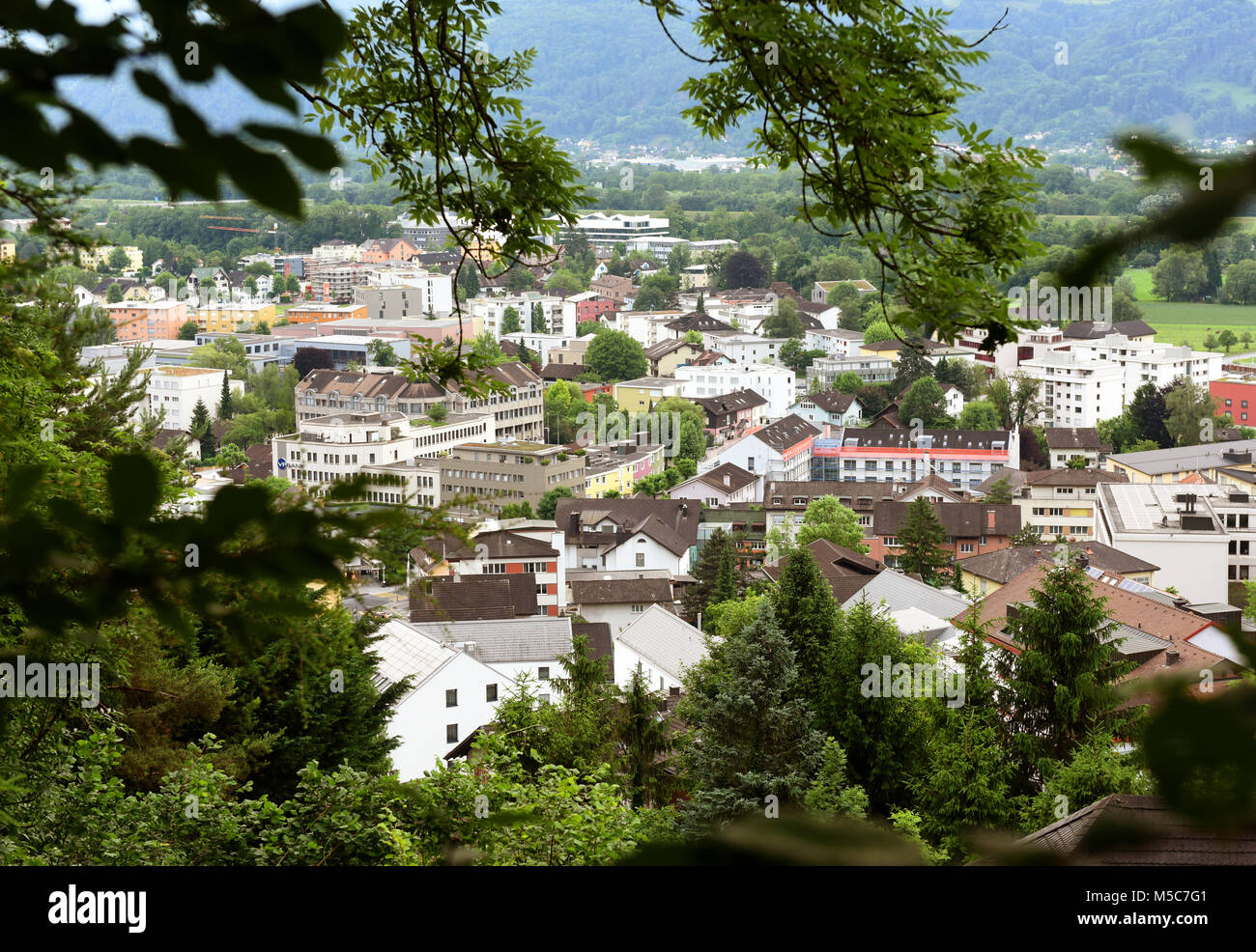 Vaduz, Liechtenstein vista dall'alto. Vaduz è la capitale del Liechtenstein e anche la sede del parlamento nazionale. Foto Stock