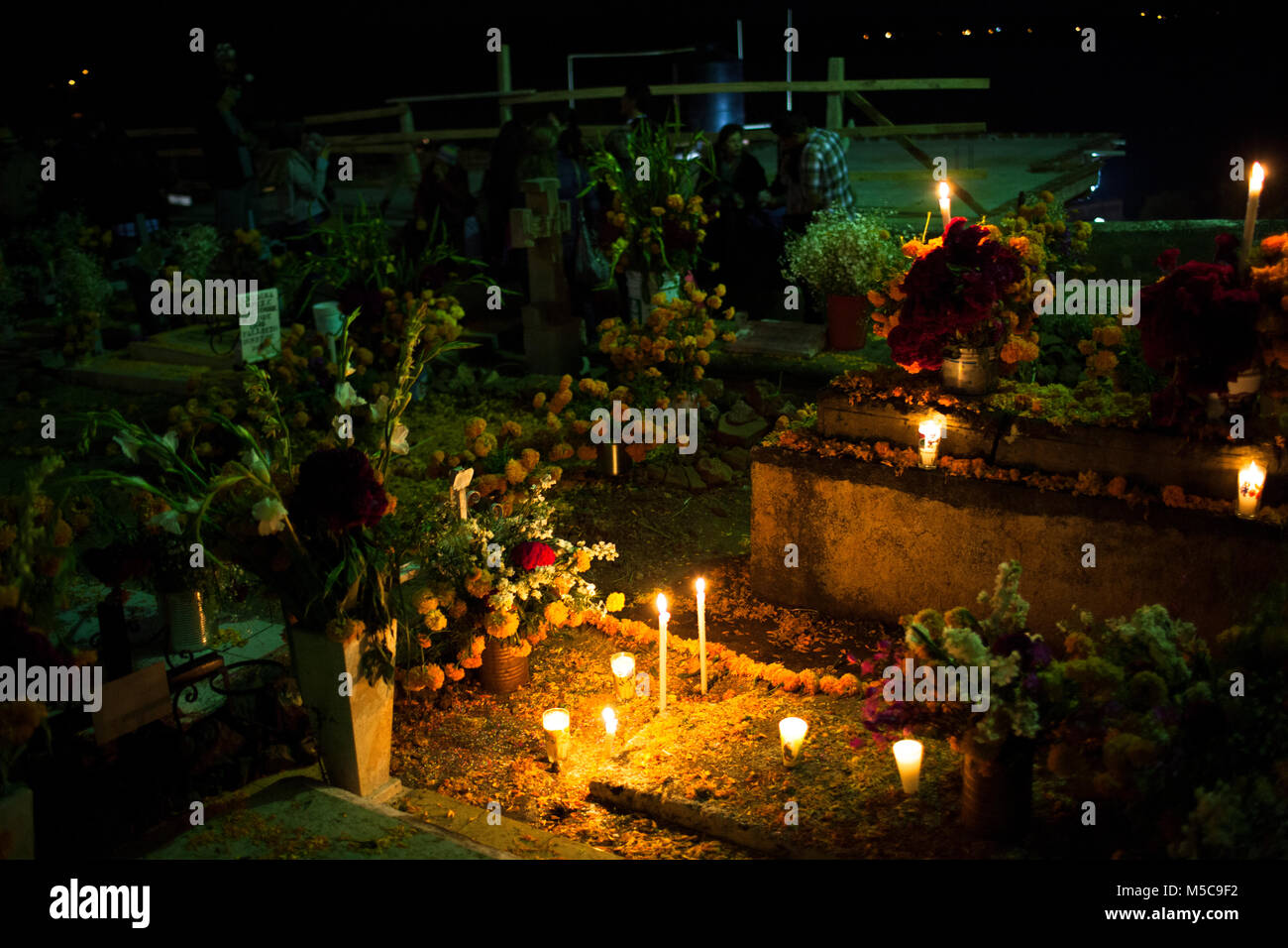 Tombe decorate su Janitzio Island durante il Dia de los Muertos (Giorno dei Morti) celebrazioni nel Lago Patzcuaro, vicino a Patzcuaro Michoacan,, Messico sabato 1 novembre 2014. Il dia de los Muertos (Giorno dei Morti) è un tradizionale vacanza centrata attorno a ricordare e onorare defunti familiari. Lontano da una triste vicenda, Dia de los Muetros è una celebrazione di vita. Patzcuaro, una pittoresca città nello stato di Michoacan, Messico (sette ore a ovest di Città del Messico), attira turisti da tutto il mondo nei giorni che portano fino al Dia de los Muertos (Novembre 1a e 2a). Foto Stock