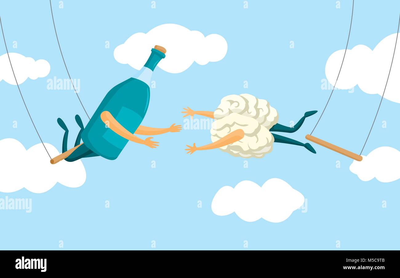 Cartoon illustrazione disperata di cervello e bottiglia di alcool sul flying trapeze Illustrazione Vettoriale