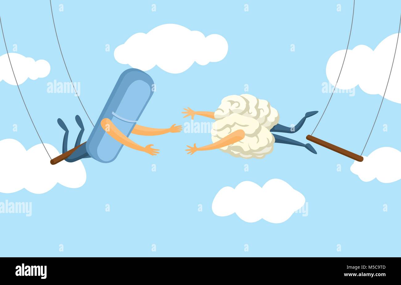 Cartoon illustrazione di un lavoro di squadra tra pillola e cervello su flying trapeze Illustrazione Vettoriale