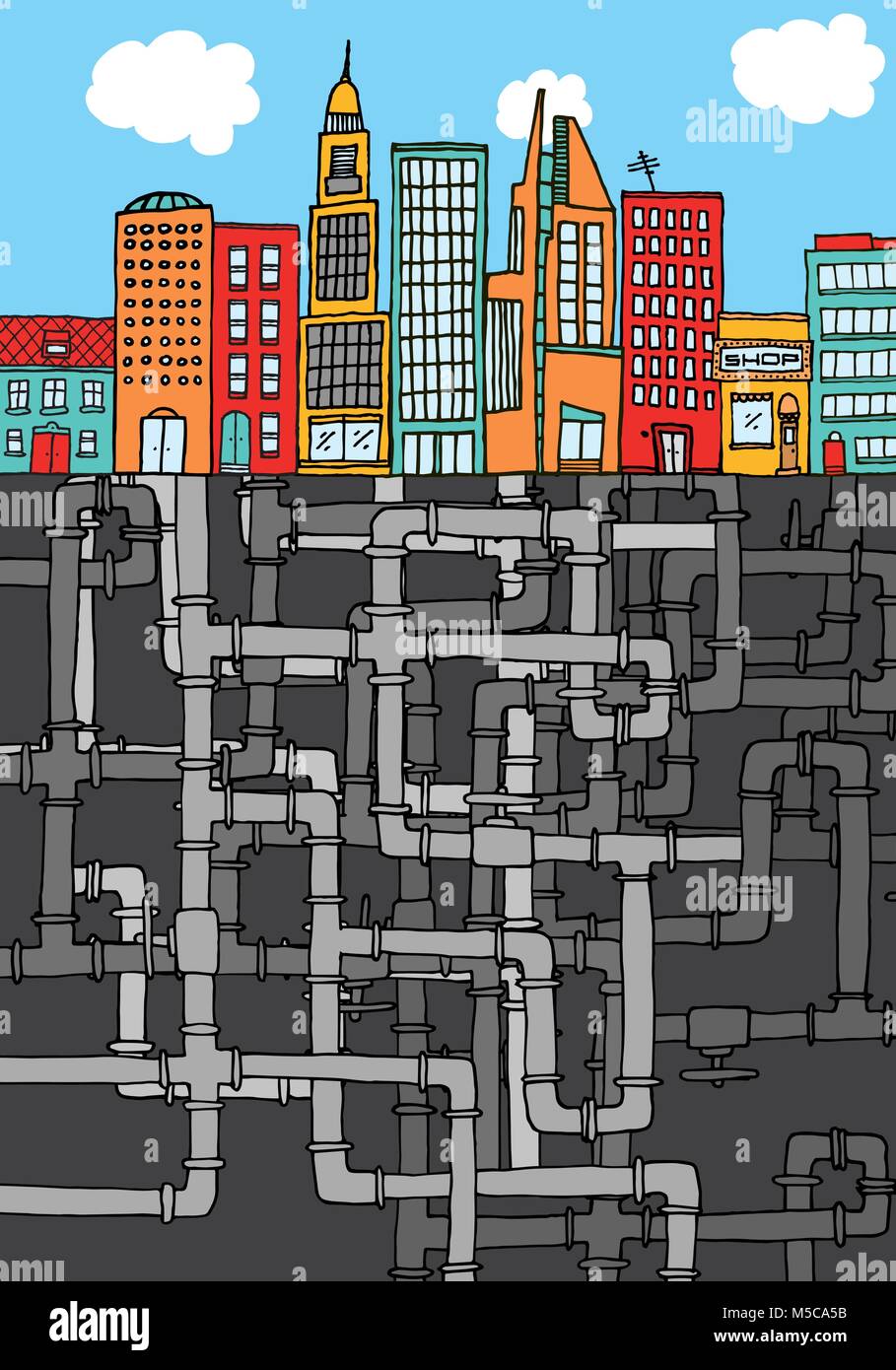 Cartoon illustrazione della texture pipeline sotto skyline city Illustrazione Vettoriale