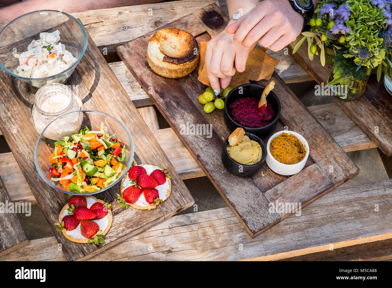 Picnic nel parco con un paio di tostare con vino spumante Foto Stock