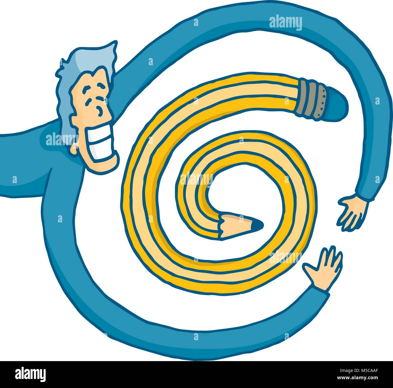 Cartoon illustrazione dell uomo felice abbracciando una matita a spirale Illustrazione Vettoriale