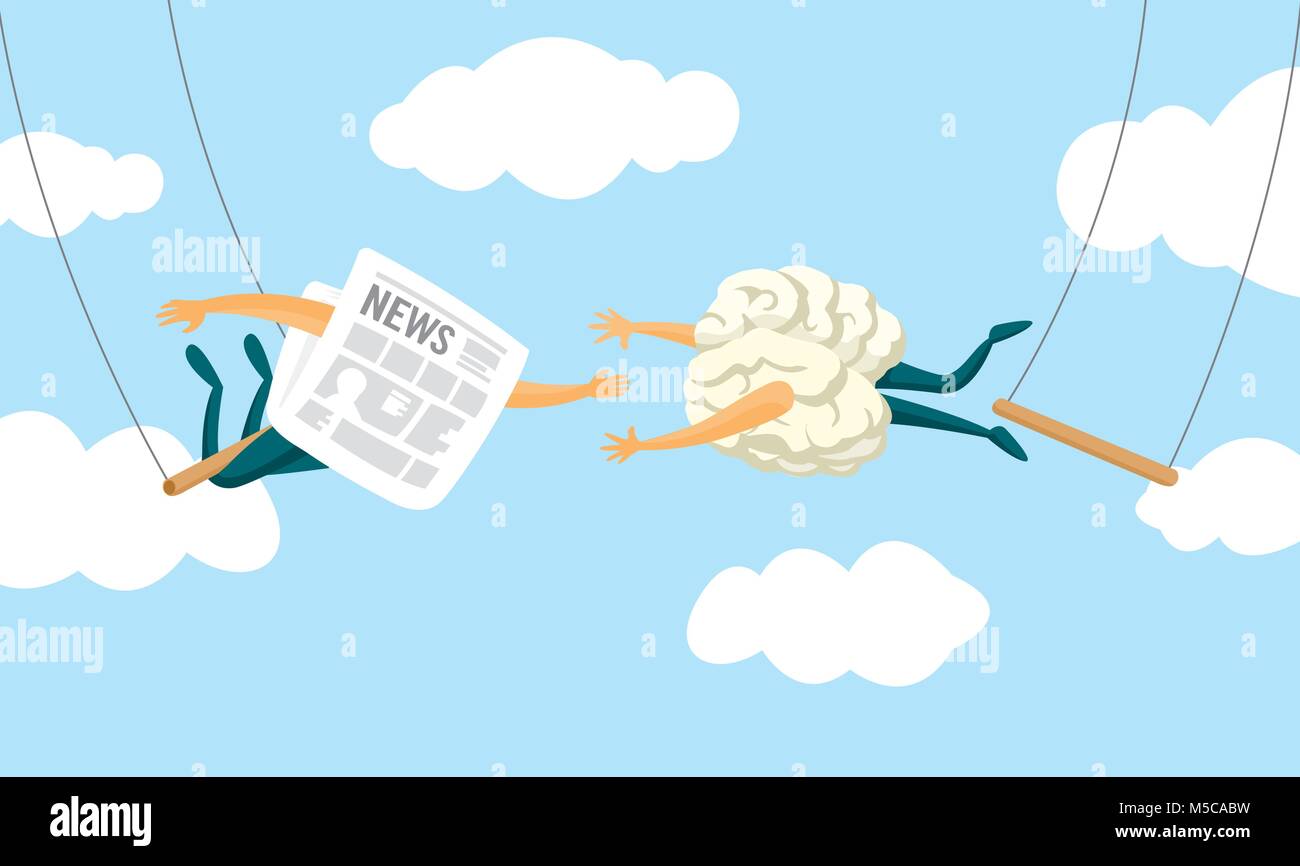 Cartoon illustrazione del cervello e giornale di oscillazione sul flying trapeze Illustrazione Vettoriale