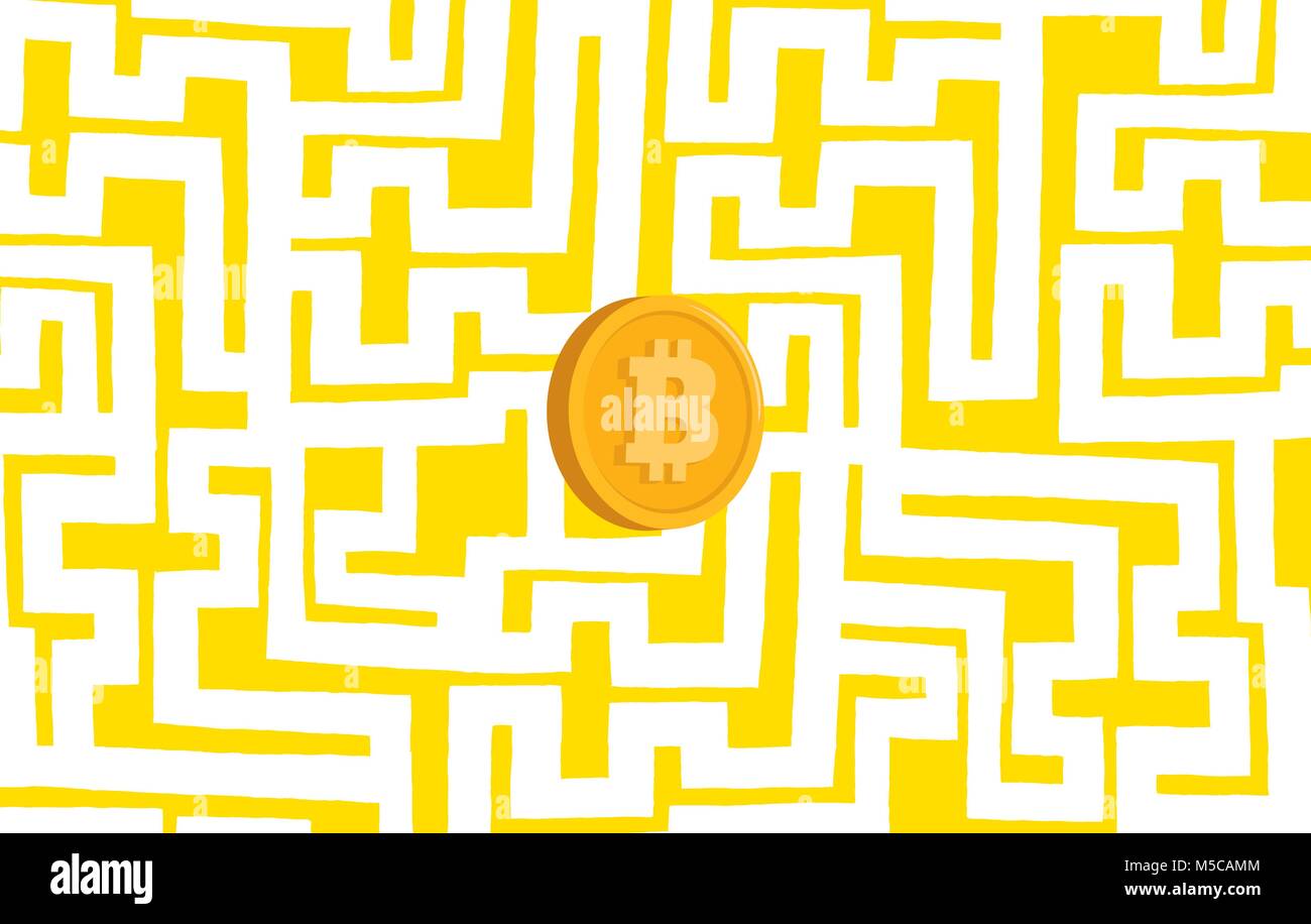 Cartoon illustrazione di bitcoin denaro intrappolato in un labirinto Illustrazione Vettoriale