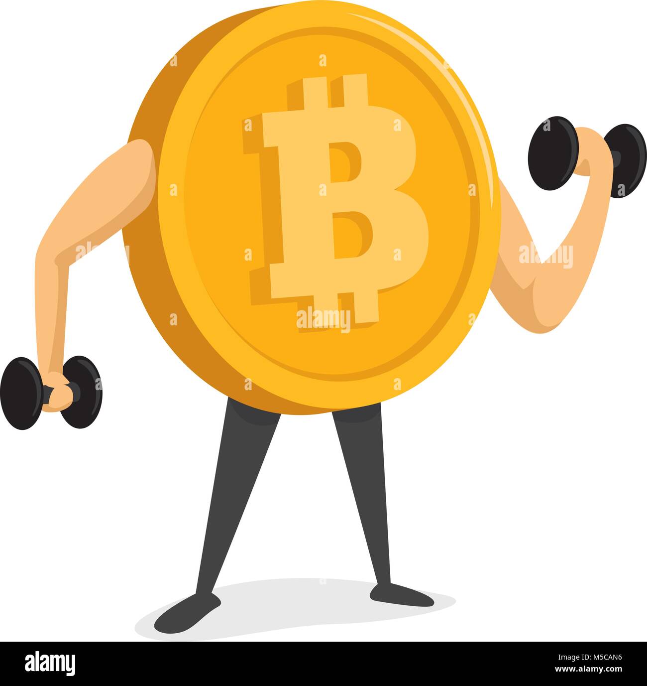 Cartoon illustrazione della moneta bitcoin sollevamento pesi pesanti Illustrazione Vettoriale