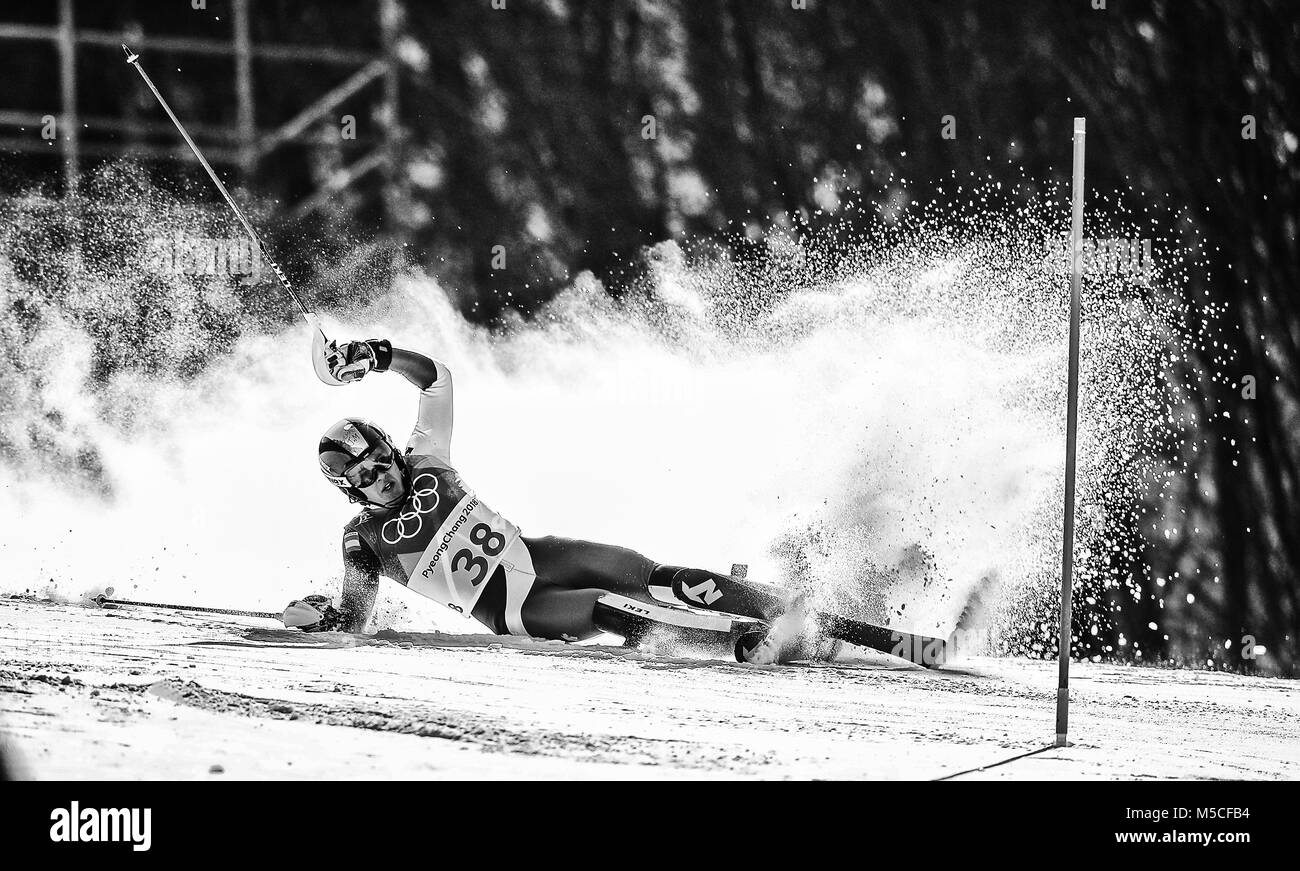 Spagna Juan del Campo prende una caduta in Slalom Speciale maschile a Yongpyong Alpine Center durante il giorno tredici del PyeongChang 2018 Giochi Olimpici Invernali in Corea del Sud. Stampa foto di associazione. Picture Data: giovedì 22 febbraio, 2018. Vedere PA storia olimpiadi sci alpino. Foto di credito dovrebbe leggere: Mike Egerton/filo PA. Restrizioni: solo uso editoriale. Uso non commerciale. Foto Stock