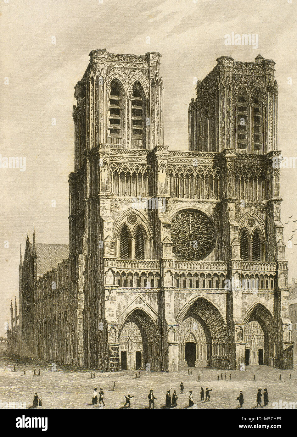 Cattedrale di Notre Dame di Parigi, Francia. La sua costruzione iniziò nel  1163 e fu terminata nel 1345. Disegno di Gaucherel. Incisione, 1841.  "Panorama Universal-France' Foto stock - Alamy
