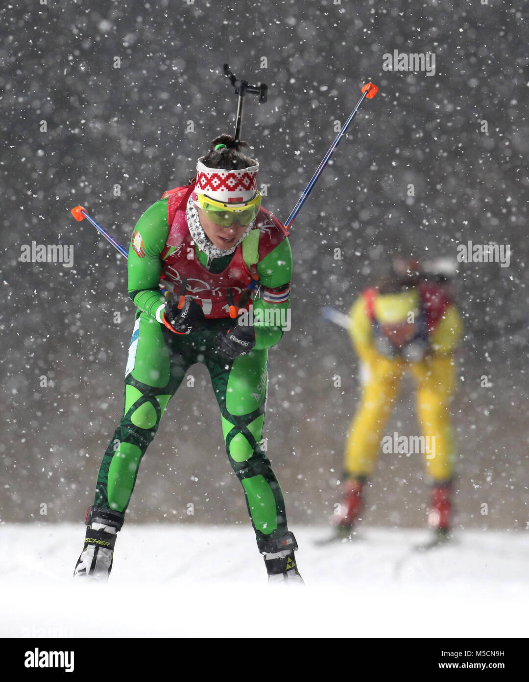I concorrenti provenienti dalla Bielorussia in campo femminile 4x6km staffetta a Alpensia Centro Biathlon durante il giorno tredici del PyeongChang 2018 Giochi Olimpici Invernali in Corea del Sud. Foto Stock