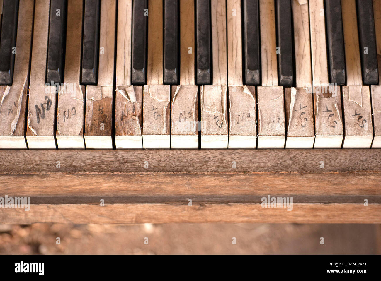 Un vintage pianoforte verticale artistcally si siede su una strada del  centro angolo. La sua quota di chiavi di un messaggio criptico. Tessiture  artistiche e gli sfondi Foto stock - Alamy