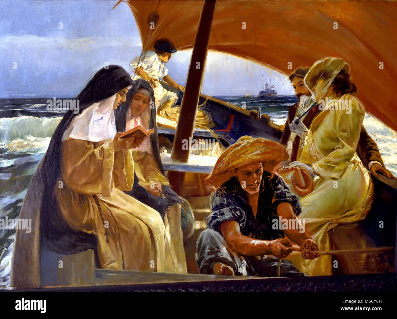 Contrastes - contrasta 1907 Rafael Hidalgo de Caviedes (Quesada, Jaén, 1864-Madrid 1950).20th,secolo Spagna, Spagnolo ( datato nel 1907 e dedicato al suo amico, il Cronista Cazabán, esso indica alcune peculiari caratteristiche impressionistica, con uno speciale trattamento di luce e di un magnifico spazzolata. La scena mostra una barca in cui ci sono due monache, attenti alle loro preghiere e letture e una giovane coppia di fronte. Un annerita e robusto marinaio, con la camicia arrotolata e sportive un forte muscolo, governa la barca. ) Foto Stock