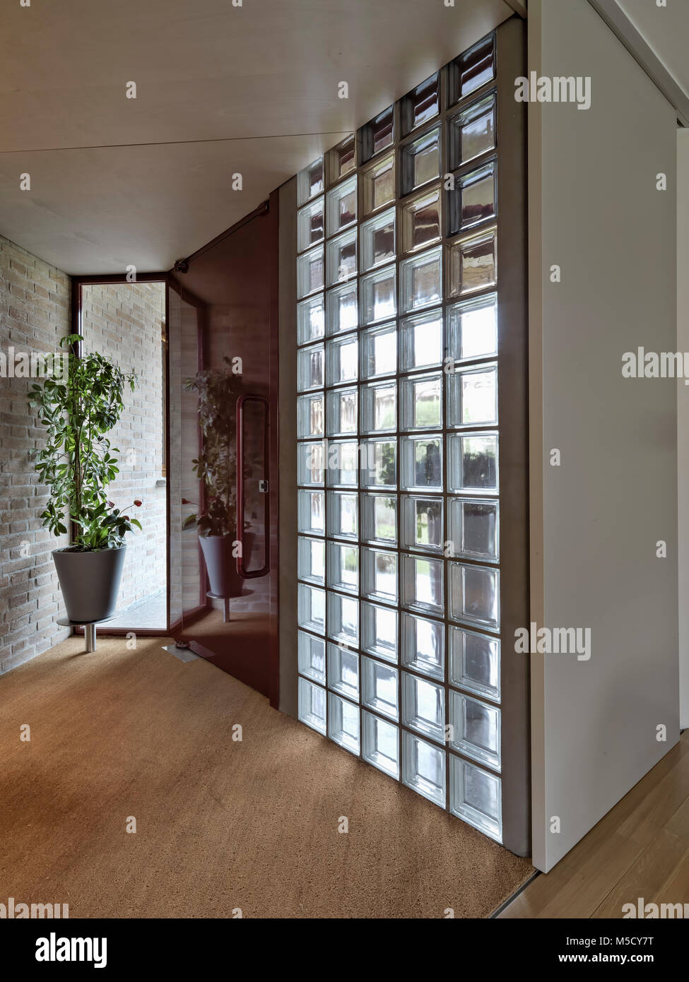 Ingresso principale degli appartamenti con il vaso della pianta vicino a viola la porta principale e il muro fatto di blocco di vetro Foto Stock