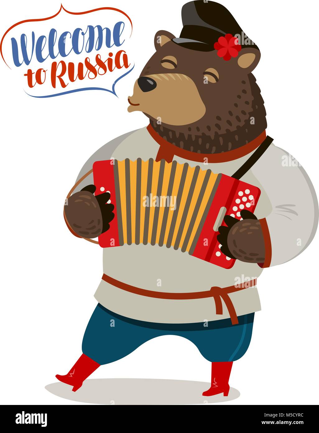 Russo orso divertente suonare la fisarmonica. Benvenuti in Russia, banner. Fumetto illustrazione vettoriale Illustrazione Vettoriale