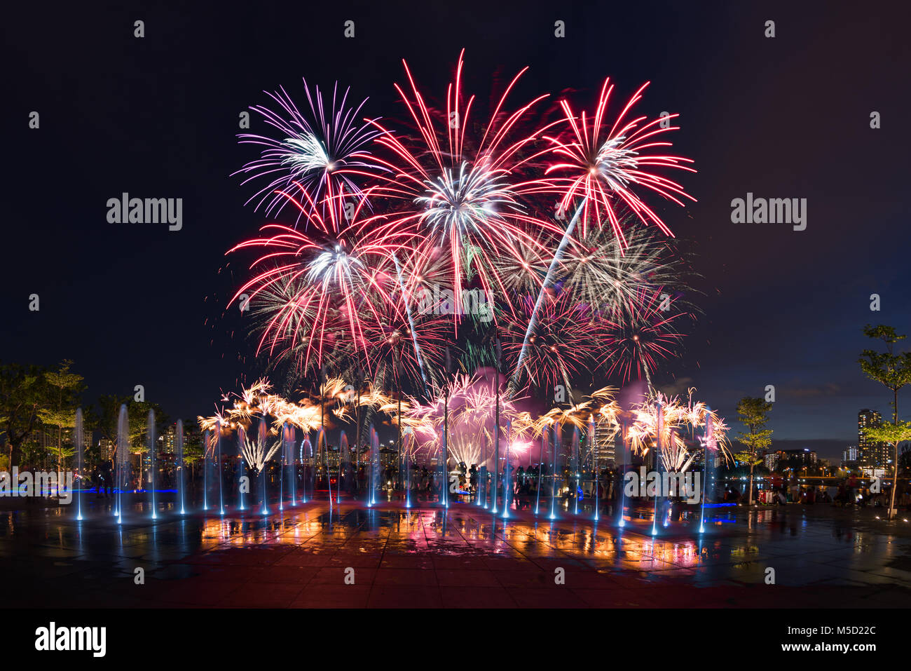 Fuochi d'artificio nella celebrazione di Singapore il cinquantunesimo compleanno presso il recentemente costruito, Singapore Sports Hub. Foto Stock