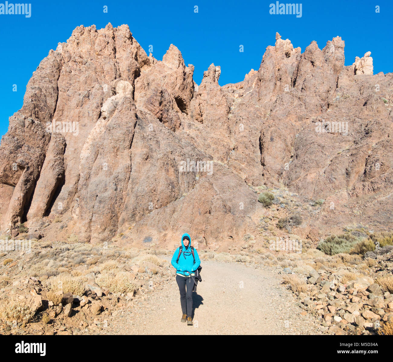 Escursionista femmina in Parque Nacional del Teide Tenerife, Isole Canarie, Spagna Foto Stock