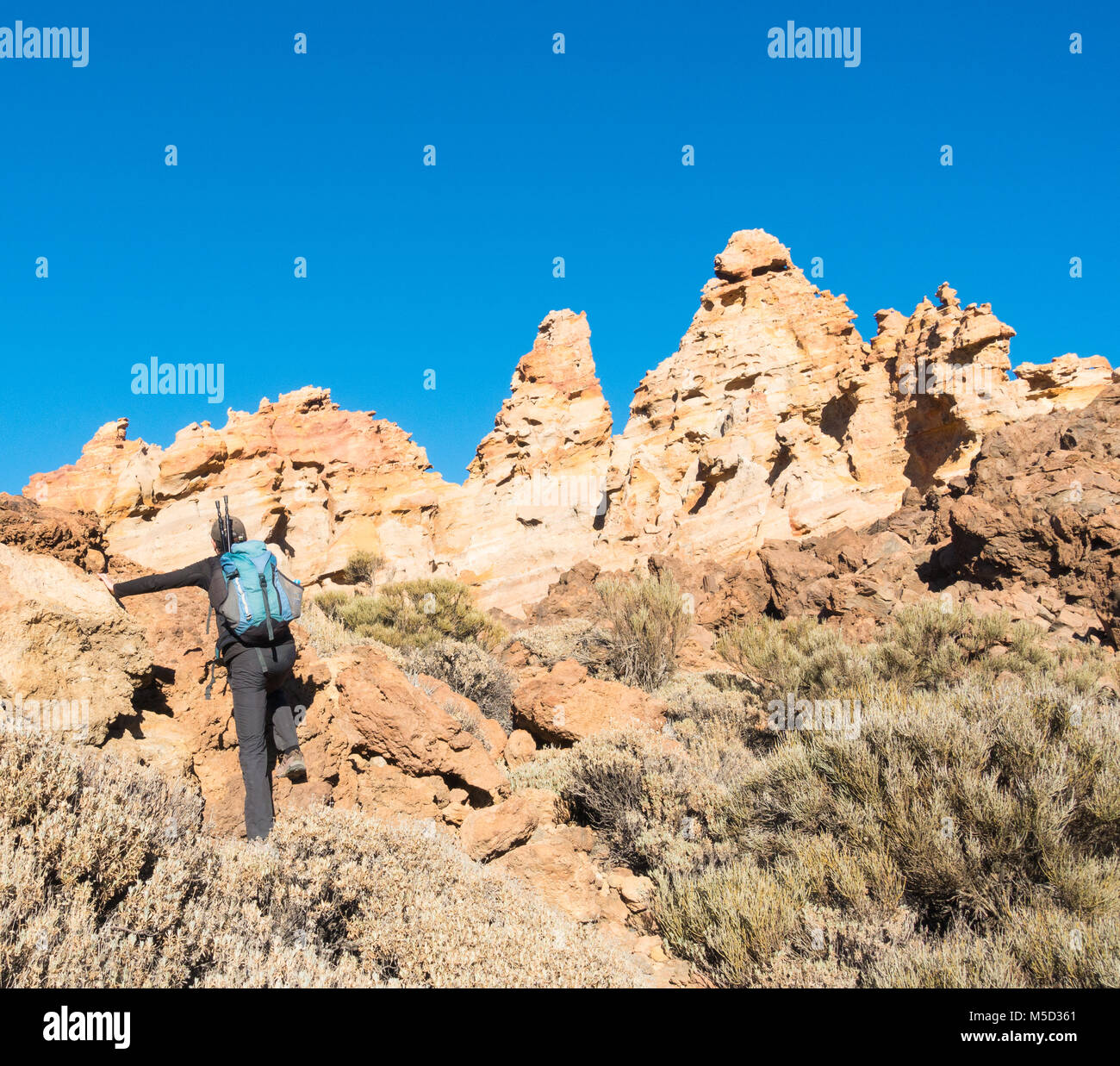 Escursionista maschio nei pressi di pomice formazioni rocciose Piedras Amarilla (rocce gialle) in Parque Nacional del Teide Tenerife, Isole Canarie, Spagna Foto Stock