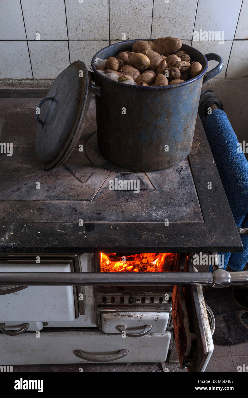 Le patate in una pentola per l'alimentazione di bestiame su un vecchio fornello da cucina, woodstove, Baviera, Germania Foto Stock