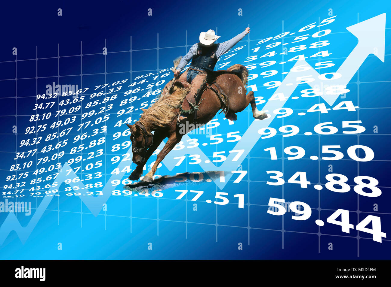 Immagine simbolo di rischio, stock a prezzi di mercato in aumento, rodeo rider su un cavallo strappi Foto Stock