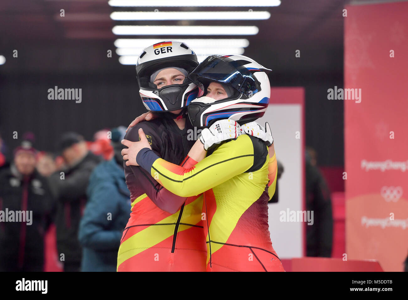 Stephanie SCHNEIDER /Annika DRAZEK (GER), Bob donne, Bob Frauen. Scorrimento olimpico Center am 21.02.2018. Olympische Winterspiele 2018 vom 09.02. - 25.02.2018 in PyeongChang/ Suedkorea. |L'utilizzo in tutto il mondo Foto Stock