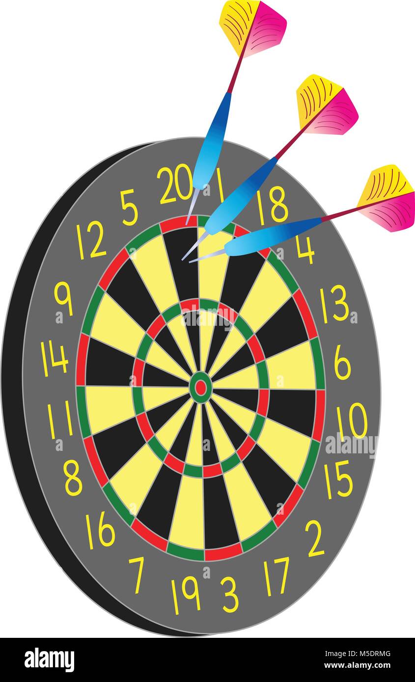 Un dart board con tre freccette colorate Illustrazione Vettoriale
