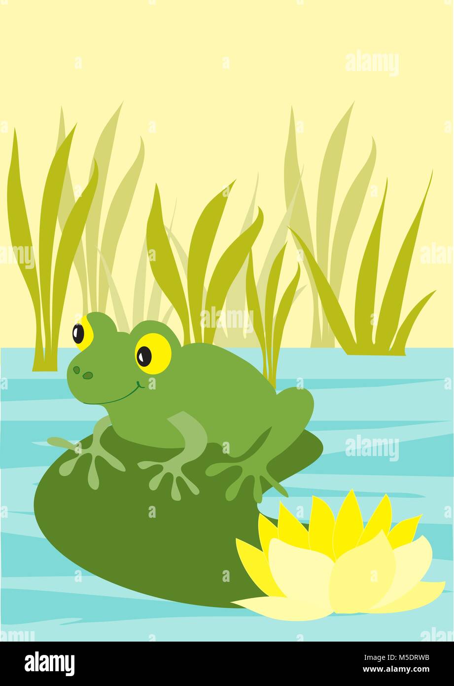 Un allegro cartoon rana seduta su acqua giglio Foglia nel mezzo di un laghetto Illustrazione Vettoriale