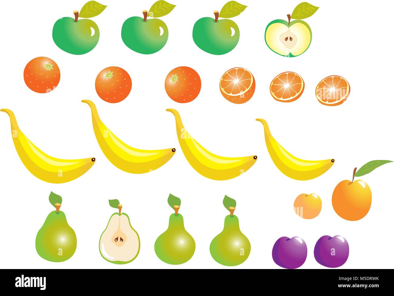 Un set di frutta con mele, arance,banannas,le pere, le pesche e le prugne Illustrazione Vettoriale